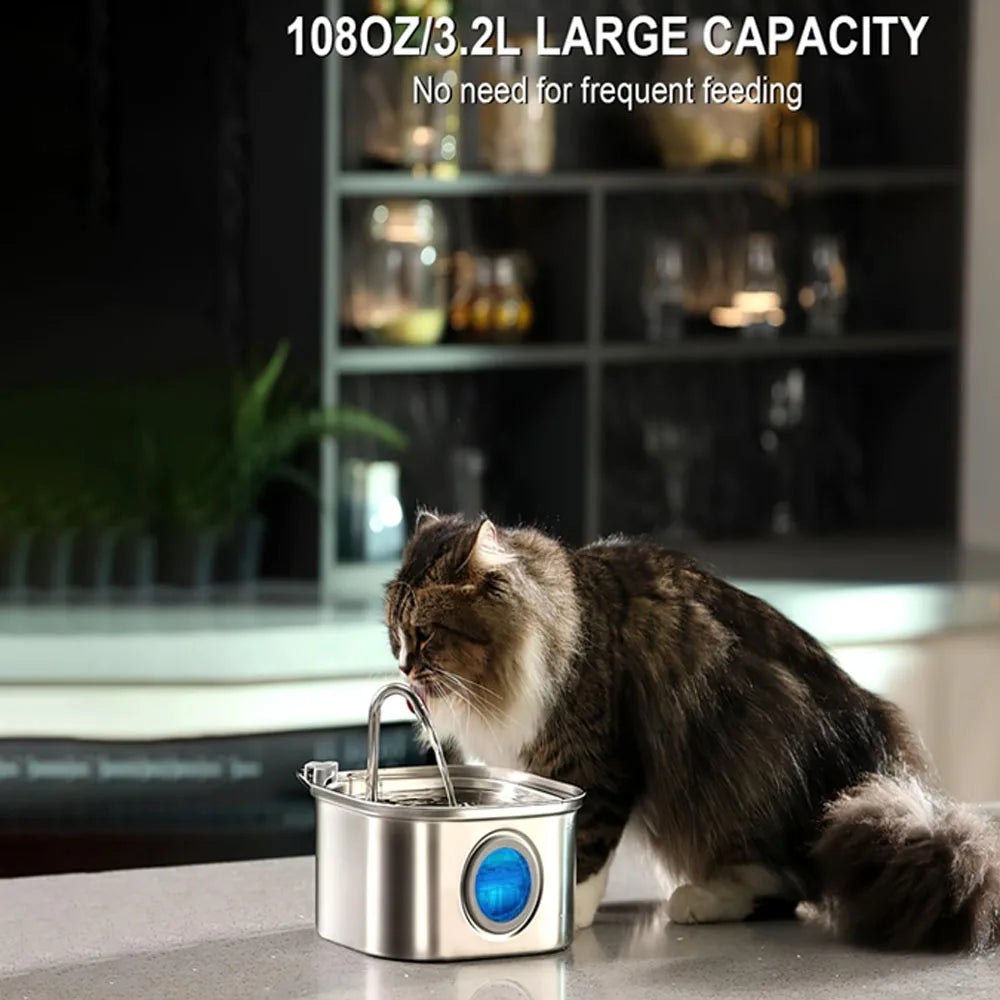 Cat Water Fountain — 3.2L Stainless Steel with Filter