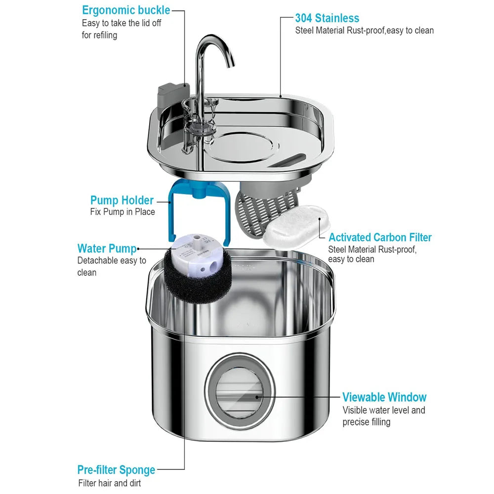 Cat Water Fountain — 3.2L Stainless Steel with Filter